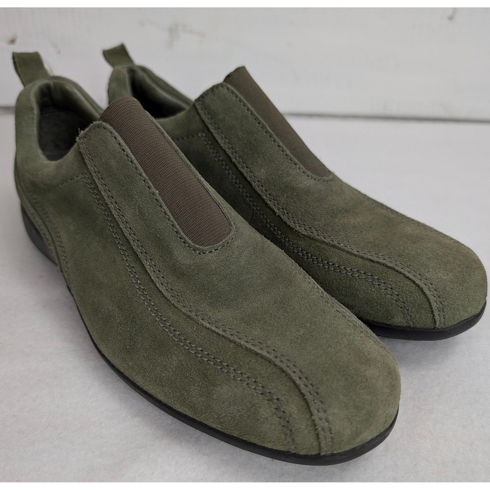 Lands End Suede Slip On Loafers Womens 9.5 B Olive Green Comfort Shoes